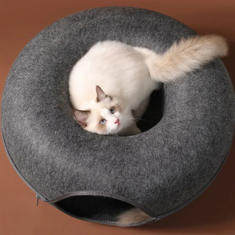 Felt Donut Bed for Cats House With Breather Hole Dog Bed Interactive Play Toys for Cats to Hide 2 in 1 Tunnel for Cats Bed - Image 3