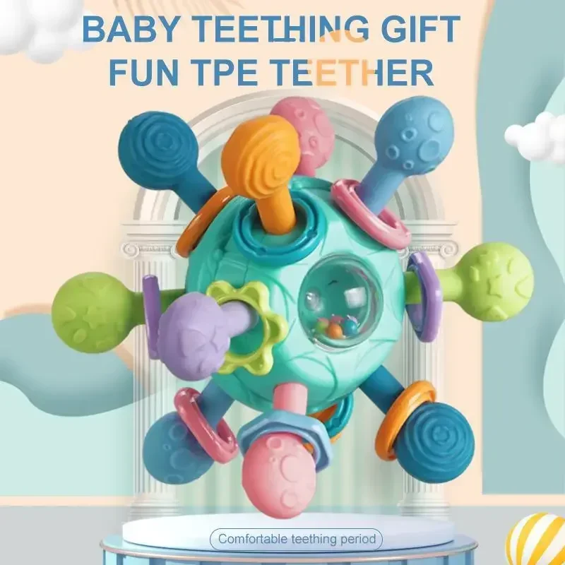 Baby Toys 0 12 Months Rotating Rattle Ball Grasping Activity Baby Development Toy Silicone Teether Baby Sensory Toys for Babies