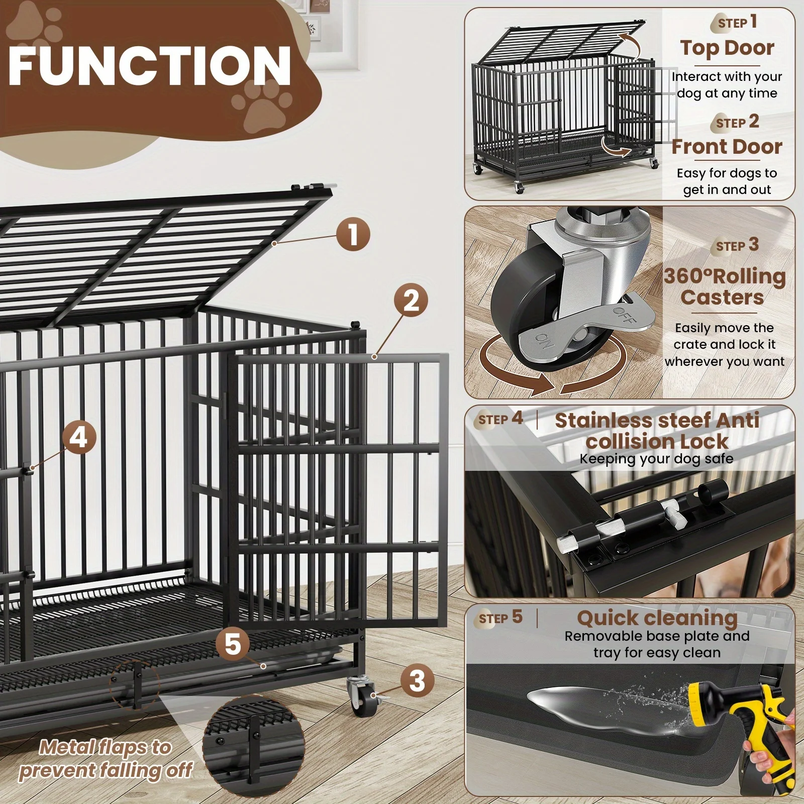 54/48/38 Inch Heavy Duty Dog Crate Large Dogs - Escape-Proof Metal Dog Cage with Lockable Doors,Removable Pan & 4-Wheel Mobility - Image 2