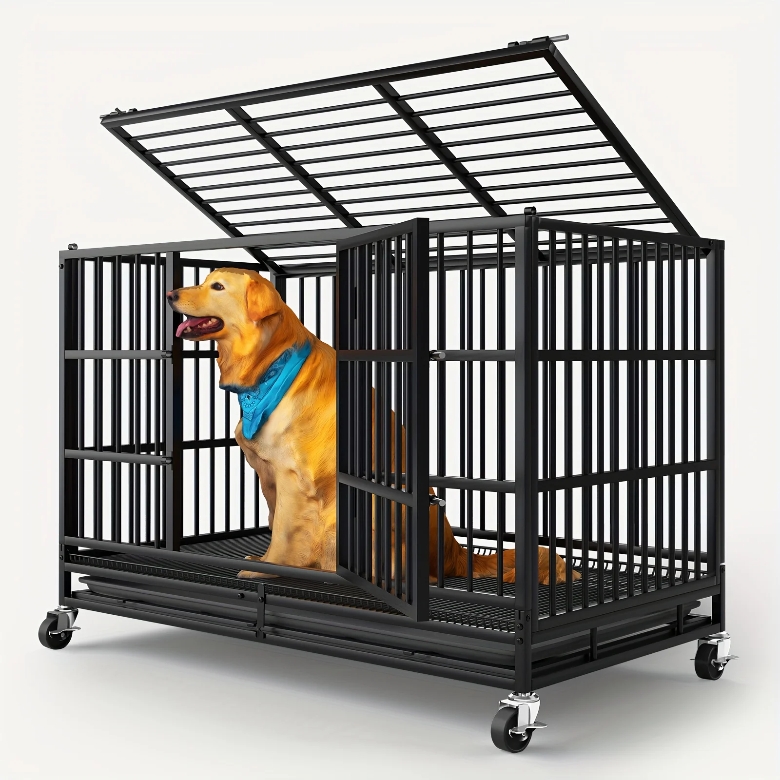 54/48/38 Inch Heavy Duty Dog Crate Large Dogs - Escape-Proof Metal Dog Cage with Lockable Doors,Removable Pan & 4-Wheel Mobility