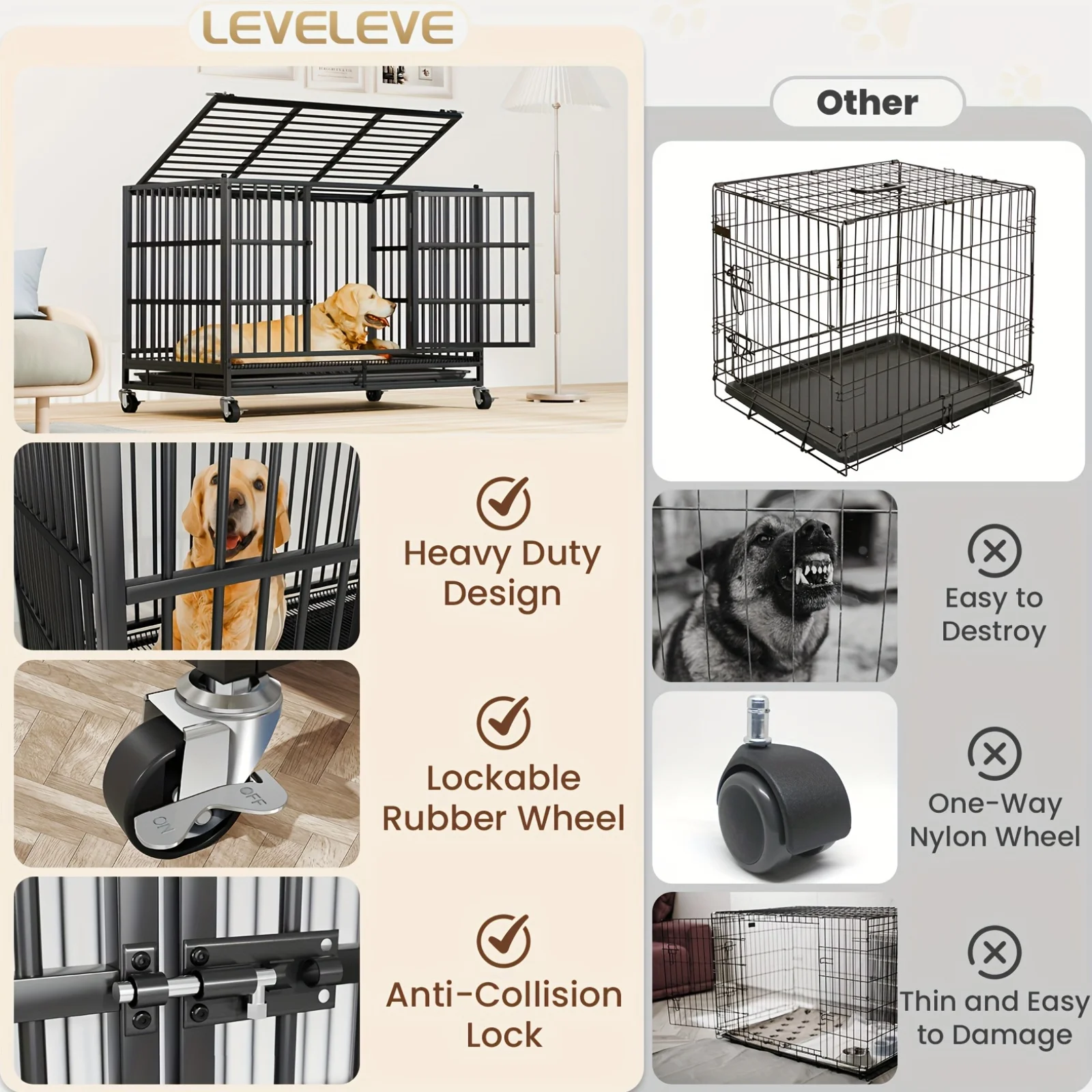 54/48/38 Inch Heavy Duty Dog Crate Large Dogs - Escape-Proof Metal Dog Cage with Lockable Doors,Removable Pan & 4-Wheel Mobility - Image 3