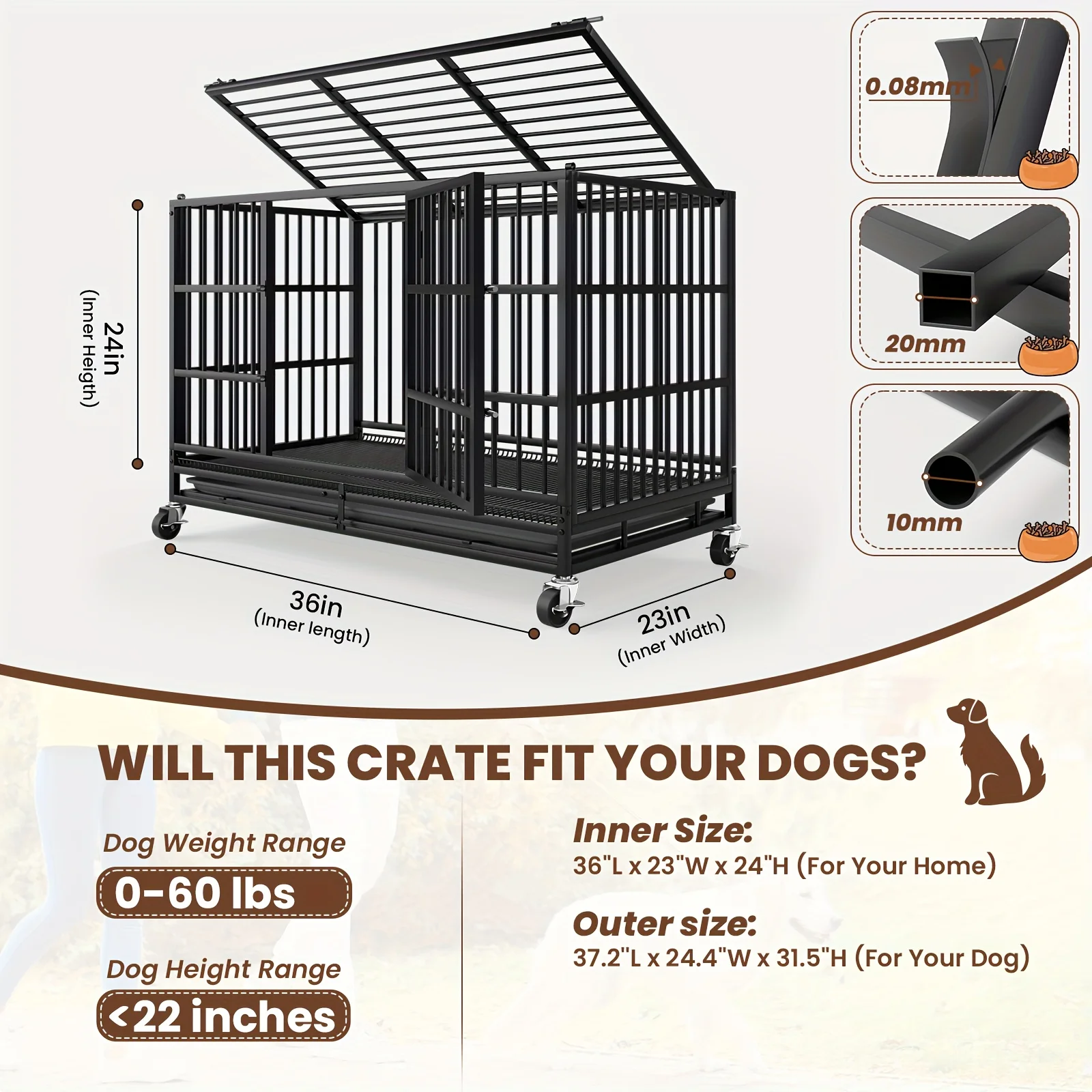 54/48/38 Inch Heavy Duty Dog Crate Large Dogs - Escape-Proof Metal Dog Cage with Lockable Doors,Removable Pan & 4-Wheel Mobility - Image 6